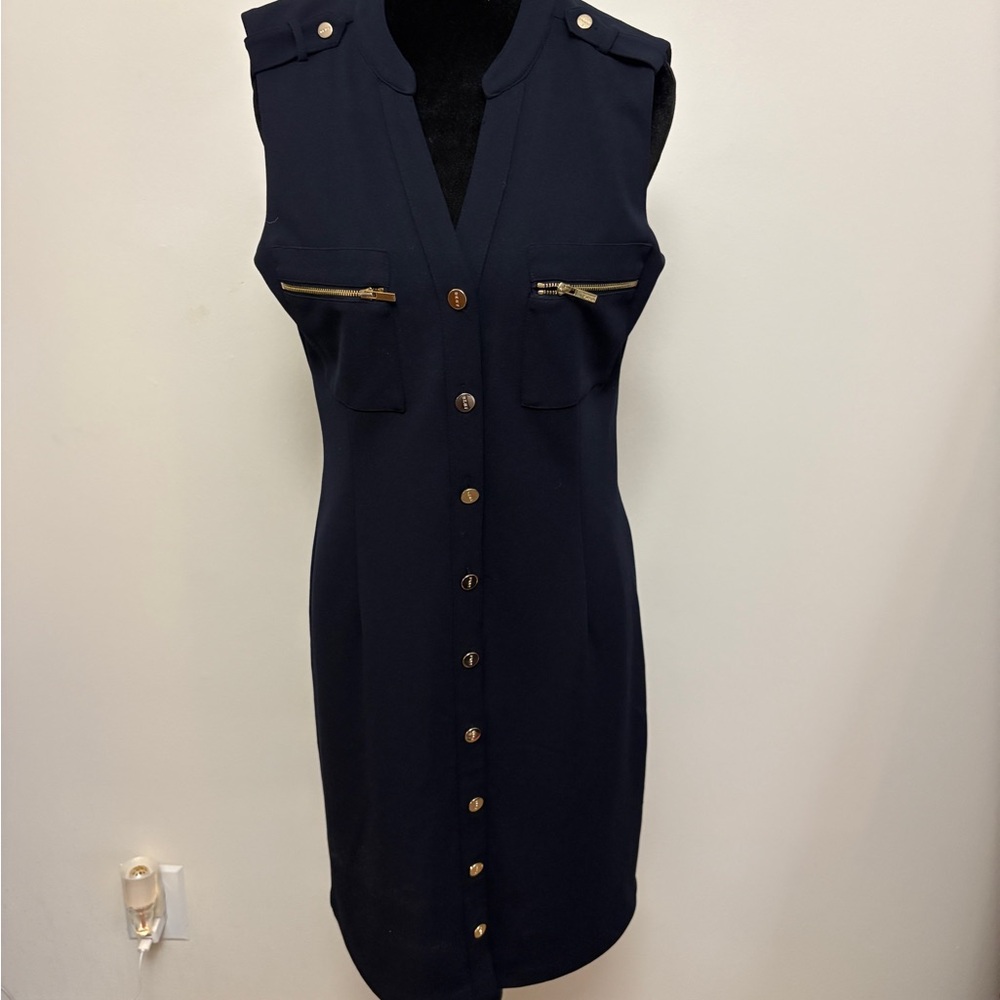 DKNY Navy Sleeveless Button-Front Dress with Gold Hardware